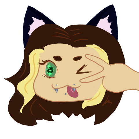 A little drawing of me. I have brown hair with blonde streaks next to my face, mouth angel bite piercings, i'm winking and doing a peace sign.